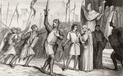 Filip I. (1052-1108) a papež Urban II. (asi 1035-99) shromažďují své stoupence na první křížovou výpravu v roce 1095, z Colartovy knihy "Histoire de France", vydané asi v roce 1840. od French School