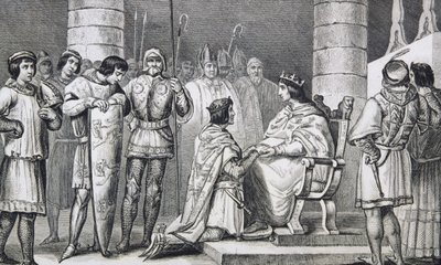 Philippe VI (1293-1350) de Valois vzdává hold Edwardovi III. (1312-77) z Anglie, ale pouze jako vévoda z Akvitánie, z „Histoire de France“ od Colarta, vydaného kolem roku 1840 od French School