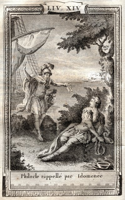 Philocle vzpomíná od Idomenee - rytina z roku 1798 po Monnetovi v „Les Aventures de Telemaque, fils d