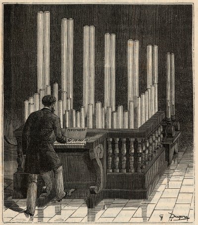 Piano a Gaz - (Plynové varhany) Pyrofon (ohnivě/výbuchové varhany) (ohnivý/výbuchový kaliope) Rytina v „“ Vědy přivedené ke dveřím všech – Populární fyzika a chemie“ od Alexise Clerca – Konec 19. století – Soukromá sbírka od French School