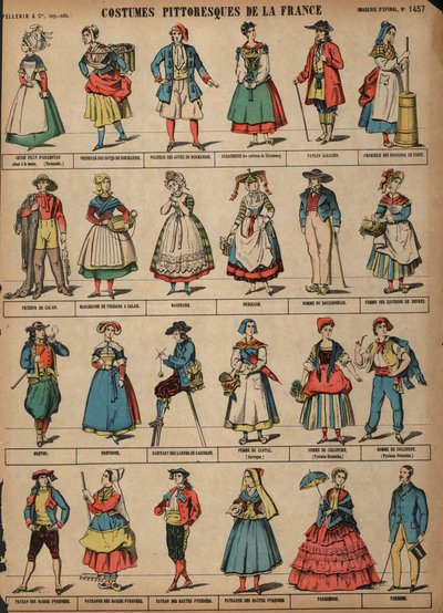 Malebné kostýmy Francie (barevná rytina) od French School