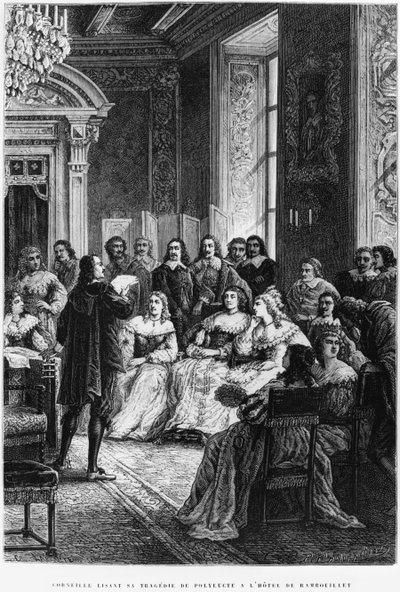 Pierre Corneille (1606-84) čte Polyeucte v Hotel de Rambouillet, kolem roku 1880 od French School
