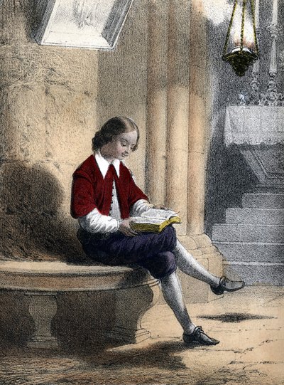 Pierre Gassendi (1592 - 1655): sitzend unter der Lampe, die von der Kirchendecke hängt, begann er zu lesen - in „Les enfants illustres - tales historiques“ von Madame Eugenie Foa von French School