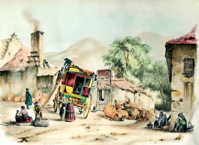 Pierrefitova diligence Příjezd diligence spojující Pierrefita s Paříží. Rytina ze soukromé sbírky z roku 1836 od French School
