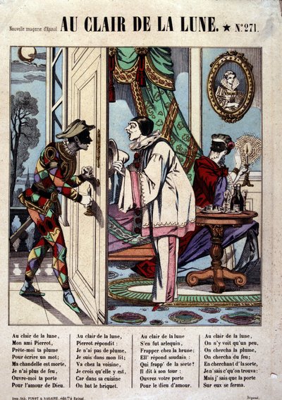 Pierrot, Harlekýn a soused, nemocný. písně „Au clair de la lune“, obrázek Epinal od French School