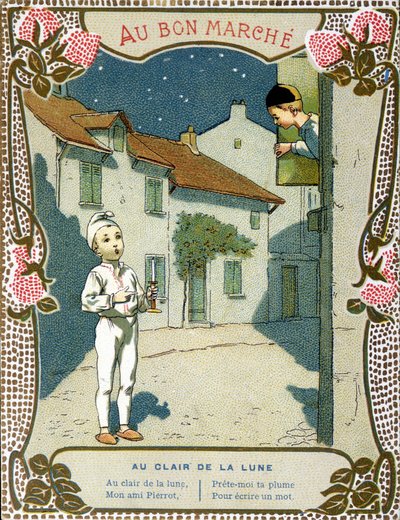 Pierrot se svíčkou, „“Au clair de la lune““ – etiketa „Le Bon Marché““ od French School