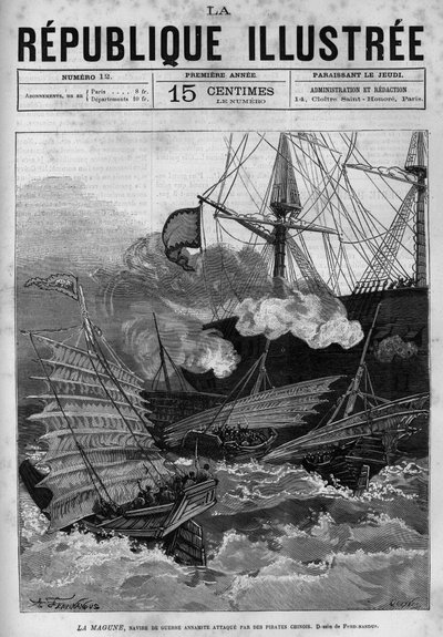 Pirátství: válečná loď Annamite „“La Magune““ napadená čínskými piráty. Noviny. Rytina z roku 1880 v soukromé sbírce „La republique illustree“. od French School