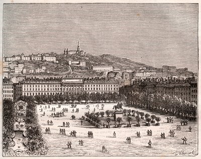 Place Bellecour nebo Place Louis-le-Grand - největší náměstí v Lyonu - rytina „La France illustrée: geografie, historie, statistická správa“ od V.-A. Sladově hnědá. 1884 od French School