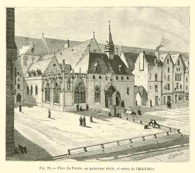 Place du Parvis, v patnáctém století, a vstup do Hôtel-Dieu od French School