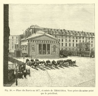Place du Parvis v roce 1877 a vstup do Hôtel-Dieu, pohledy ze stejného bodu jako předchozí od French School