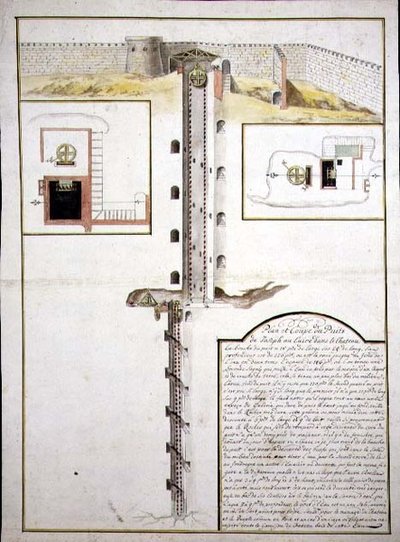 Plán a příčný řez studny, cca 1700 (akvarel na papíře) od French School