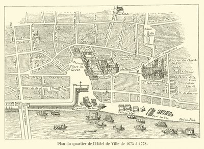 Plán čtvrti Hôtel de Ville od roku 1675 do roku 1778 od French School