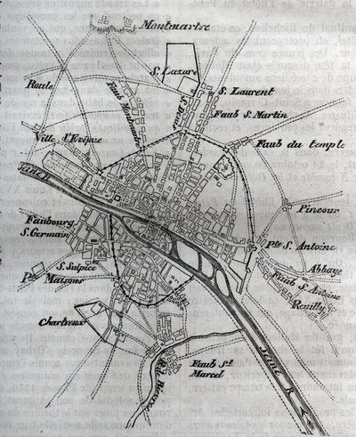 Mapa Paříže za Jindřicha III. (1580) Rytina do „Fyzické, občanské a morální historie Paříže: od nejstarších historických dob po současnost““ od Jacquese Antoine Dulaure od French School