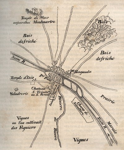 Plán Paříže za Merovejců – rytina do „“Fyzické, občanské a morální historie Paříže: od nejstarších historických dob po současnost“ od Jacquese Antoina Dulaure od French School