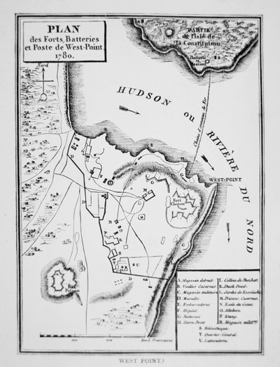Plán West Point, klíčová pevnost, kterou Benedict Arnold plánoval dodat Britům během války za nezávislost (litho) od French School