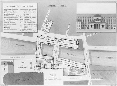 Plán Hotel-Dieu, Paříž, ilustrace z Description des Hospitals de Paris, rytý Jacques Etienne Thierry (1750-1832) po Bessatu, 1808 od French School