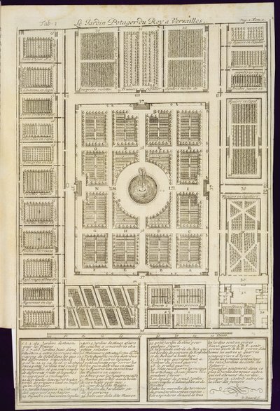 Plán královských zeleninových zahrad ve Versailles, z Le Parfait Jardinier, nebo Instruction pour les Jardins Fruitiers et Potager, od Jean de la Quintinye, vydáno 1695 od French School