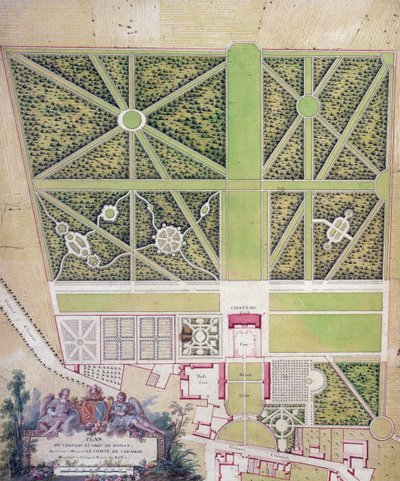 Plán zámku a parku v Roissy, patřícího hraběti de Caraman (pero a inkoust & wc na papíře) od French School