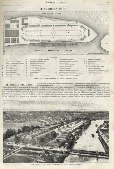 Plán založení mezinárodního sportu, který musí být postaven na ostrově Billancourt v roce 1869 - celkový pohled na založení mezinárodního sportu na ostrově Billancourt v roce 1869 od French School