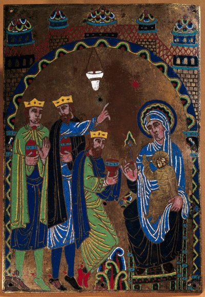 Deska hlavního oltáře opatství Grandmont: Klanění tří králů. Smalt dore a dláto na mědi. 1275-1300. Z Limoges. Paříž, Národní muzeum středověku, Thermes de Cluny od French School