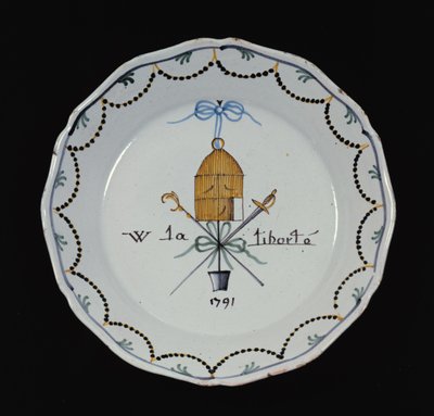 Talíř s otevřenou ptačí klecí a legendou Vive la Liberte, 1791 (keramika) od French School