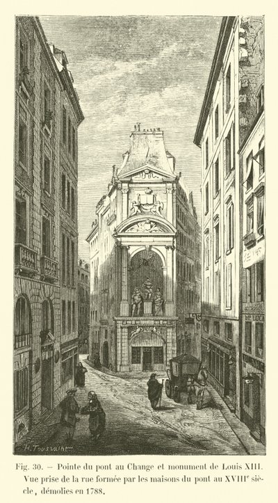 Point of the Pont au Change a památník Ludvíka XIII., Pohled z ulice tvořené domy mostu v 18. století, zbořeného v roce 1788 od French School