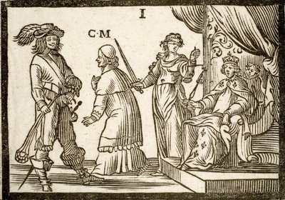 Politické brožury Mazarináda: Mazarin vyhnán Spravedlností a Prakem, opouští krále (Ludvík XIII.). Ryté dřevo 1651. od French School