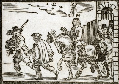 Politické pamflety Mazarináda: Mazarin prchá z Paříže na koni uprostřed noci, před ním dva komorníci nesoucí lucerny. Ryté dřevo 1651 od French School