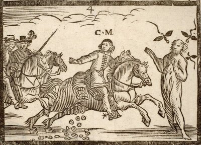 Politické brožury Mazarinade: Mazarin ve svém letu shazuje Ecus: před ním stojí stín Concini, maršála Anchor. Ryté dřevo 1651. od French School