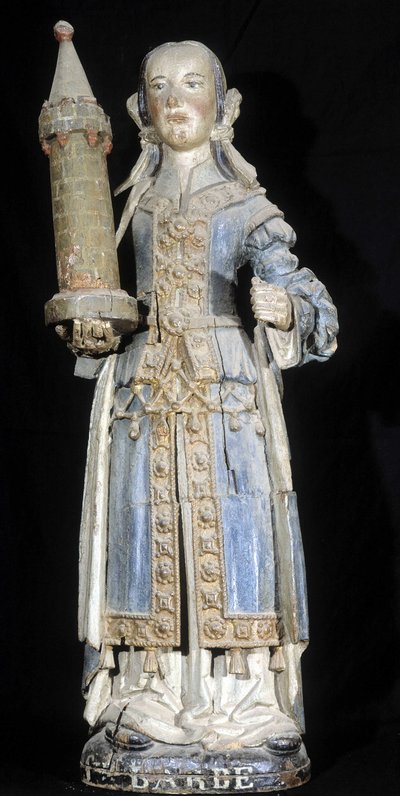 Polychromovaná dřevěná socha představující Saint Barbe (konec 16. století), zachovaná v muzeu v Dinan. od French School
