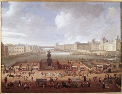 Pont-Neuf, Paříž, při pohledu od vstupu na náměstí Place Dauphine zobrazující 4 Nations College, Quai Malaquais a Louvre (olej na plátně od French School