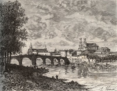 Pont-a-Mousson (Pont a Mousson) - Meurthe-et-Moselle - rytina v „Francie ilustrovaná: geografie, historie, statistická správa“ od V.-A. Sladově hnědá. 1884 od French School