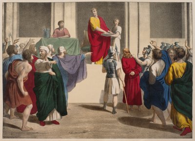 Pilát Pontský myje si ruce před Ježíšem, ilustrace z katechismu LHistoire Sainte, vydaný Charlesem Delagravem, Paříž, konec 19. století od French School