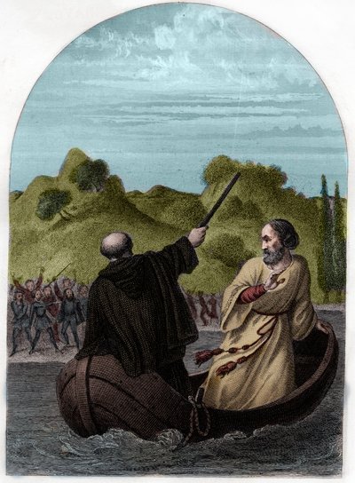 Papež Evžen IV. (Eugenio, Eugenius) (1431-1447) prchá na člunu, aby unikl hněvu Římanů - PAPEŽ EUGENIUS IV. (Gabriele Condulmaro) proti mocnému rodu Colonnů musí uprchnout z Říma, zatímco jeho nepřátelé volí protipapež - Rytina f od French School