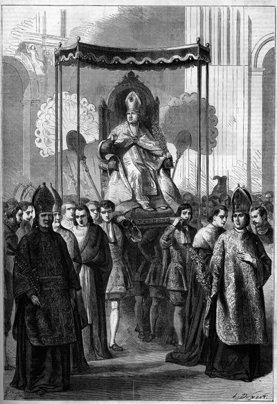 Papež Pius IX (1792-1878) nese procesně do kostela svatého Petra v Římě (Itálie) na Květnou neděli v roce 1861. Rytina v „“ Le Monde Illustré““ č. 209 z 13. dubna 1861. od French School