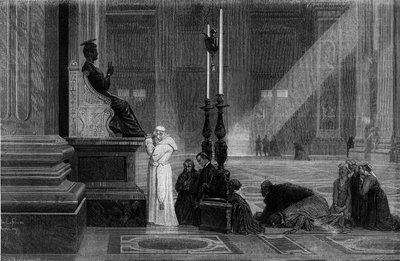 Papež Pius IX. (1792-1878) se modlil u sochy svatého Petra v bazilice svatého Petra v Římě. Rytina z „“ Řím: popis a suvenýry“ od Francise Weye, roky 1870. od French School