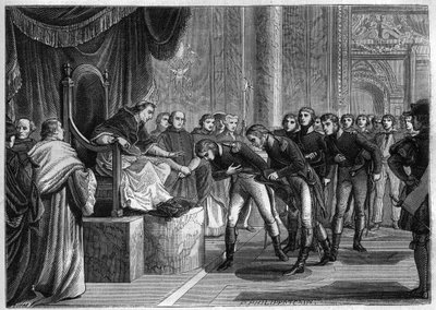 Papež Pius VII (1742-1823) přijímá v Římě francouzské námořníky členy posádek dvou cihel „Svatý Petr“ a Svatý Pavel““, které Bonaparte nabídl papeži jako dar, srpen 1802 – rytina z roku 1865 v „Histoire“ du Consulate et de l