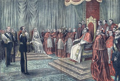 Papež Pius XI. přijímá na slavnostní audienci španělské panovníky v Le Pelerin. od French School