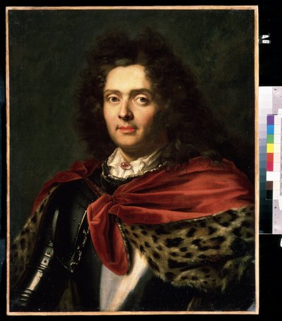 ""Portrét francouzského aristokrata 18. století"" Přes brnění má na sobě kožešinový plášť. Francouzská školní malba z poloviny 18. století Muzeum umění Michaila Krošitského, Sevastopol (Sevastopol) Ukrajina od French School