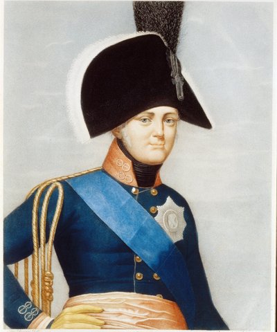 Portrét cara Alexandra I. Pavloviče (1777-1825) (Portrét císaře Alexandra I.). Na sobě modrou šerpu rytířů Řádu svatého Ducha a vyšívané insignie císařského řádu svatého Ondřeje. Dílo francouzského mistra, litografie mi od French School