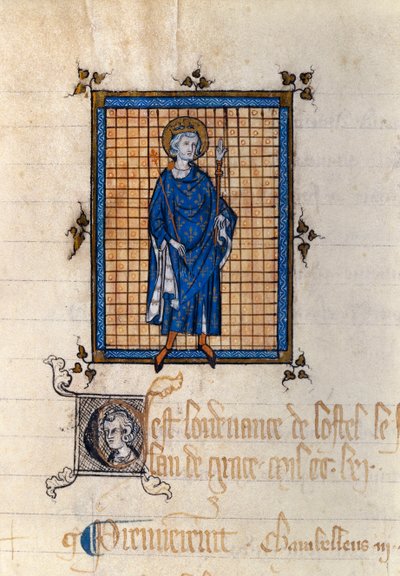 Celovečerní portrét Saint Louis in Majesty (Louis IX.) (1214-1270) Miniatura převzata z „Registru nařízení Hotel du Roi““. Paříž, Národní archiv od French School