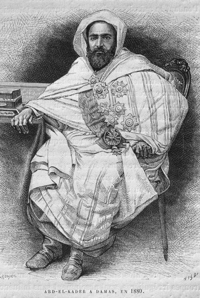 Portrét Abd el-Kadera v Damašku v roce 1880 (1808-83), z dnešní Sýrie. Cestuje po Fénicii, Libanonu a Judeji. 1875-1880 Louis Charles Emile Lortet, 1884 (č. rytina) od French School