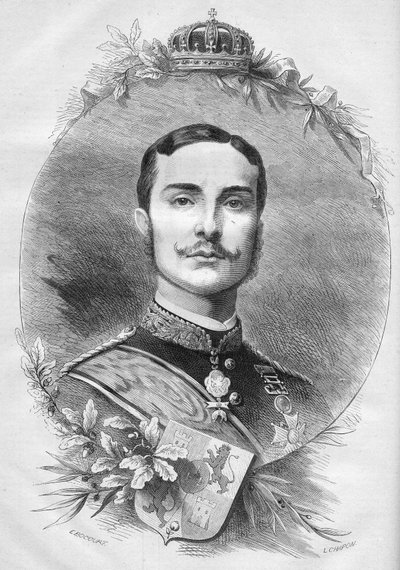 Portrét Alfonse XII (Alfonso) (1857-1885), španělského krále. Rytina v „“ Le Monde Illustré““ č. 1085 z 19. ledna 1878. od French School