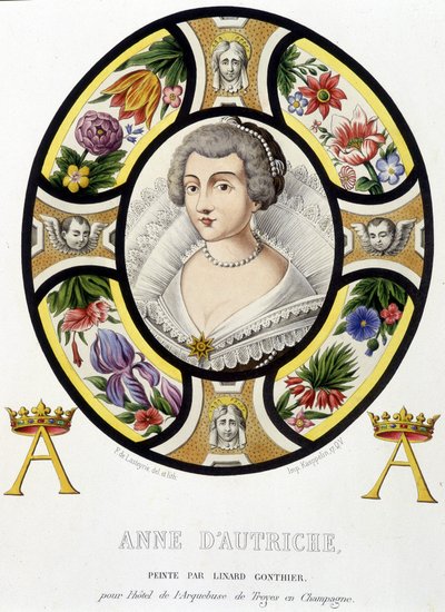 Portrét Anny Rakouské, královny Francie (1601-1666). Faksimile vitráže ze středověku v „Histoire de la peinture sur verre““ od Ferdinanda de Lasteyrie od French School