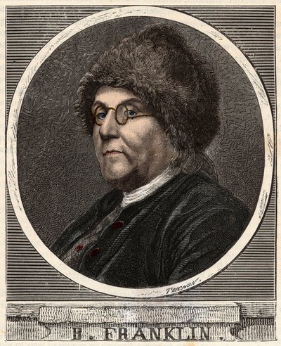 Portrét BENJAMINA FRANKLINA (1706-1790) Americký tiskař, nakladatel, vědec, vynálezce, státník a diplomat - Portrét Benjamina Franklina (1706-1790), amerického fyzika, filozofa a politika - Rytina v „“ Vědy přivedené na dosah o od French School
