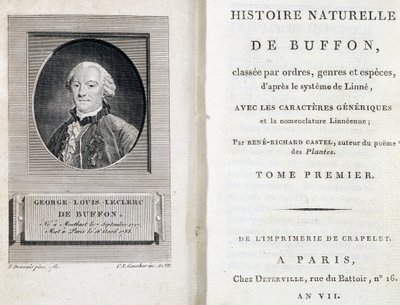 Buffonův portrét a titulní list "Buffonova přírodopisu" s rozdělením podle řádů, rodů a druhů podle Linného systému od French School