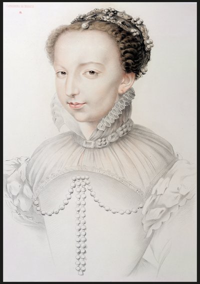 Portrét Catherine de Medici (1519-89), faksimile kresby ze 16. století objevující se v Portrétech nejslavnějších francouzských osobností 16. století od P.G. Niel, Paříž, 1848 (grafit o od French School