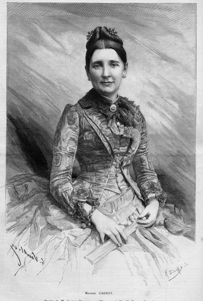 Portrét Cecile Carnotové (rozené Dupont-White nebo Dupont White) (1841-1898), manželky Sadiho Carnota, prezidenta Francouzské republiky. Rytina v „“ Le Monde Illustré““ č. 1678 z 25. května 1889. od French School