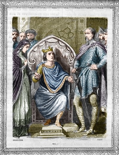 Portrét Karla III., zvaného Jednoduchý (879-929). Rytina v „Historie papežů-králů-královen a císařů v průběhu staletí““ od Maurice Lachatre od French School