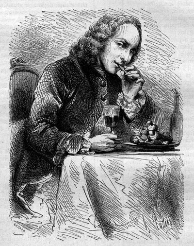 Portrét Clauda Henriho de Fusee de Voisenon (1708-1775), francouzského kostelníka, básníka a dramatika, zastoupeného cukrářem z Cauterets. Rytina z roku 1858. od French School